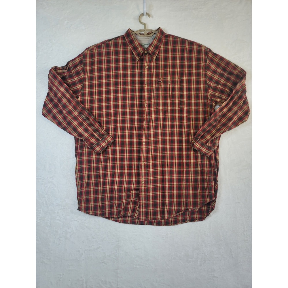 LL Bean Plaid Button Down Shirt Heritage Red Tan Cotton Long Sleeve 2XL Tall